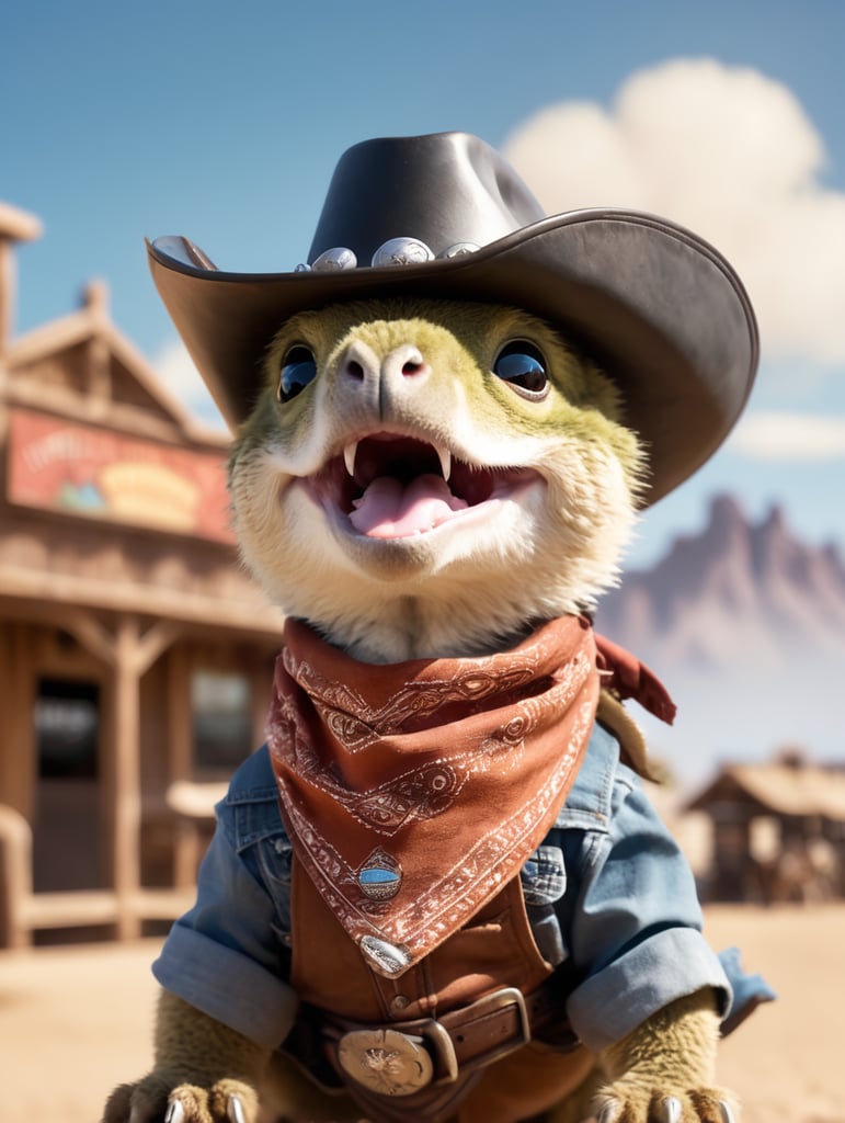 an adorable and fluffy baby dinosaur, cowboy, bandana over mouth, western, desert, with a western village and saloon, sandstorm, old revolver, bright sky, with blur background, high quality, 8k