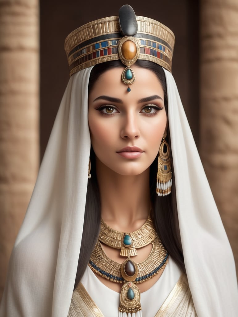 beautiful ancient egypt queen, dark hair, head accessories, brown eyes, white cloth, smooth hair