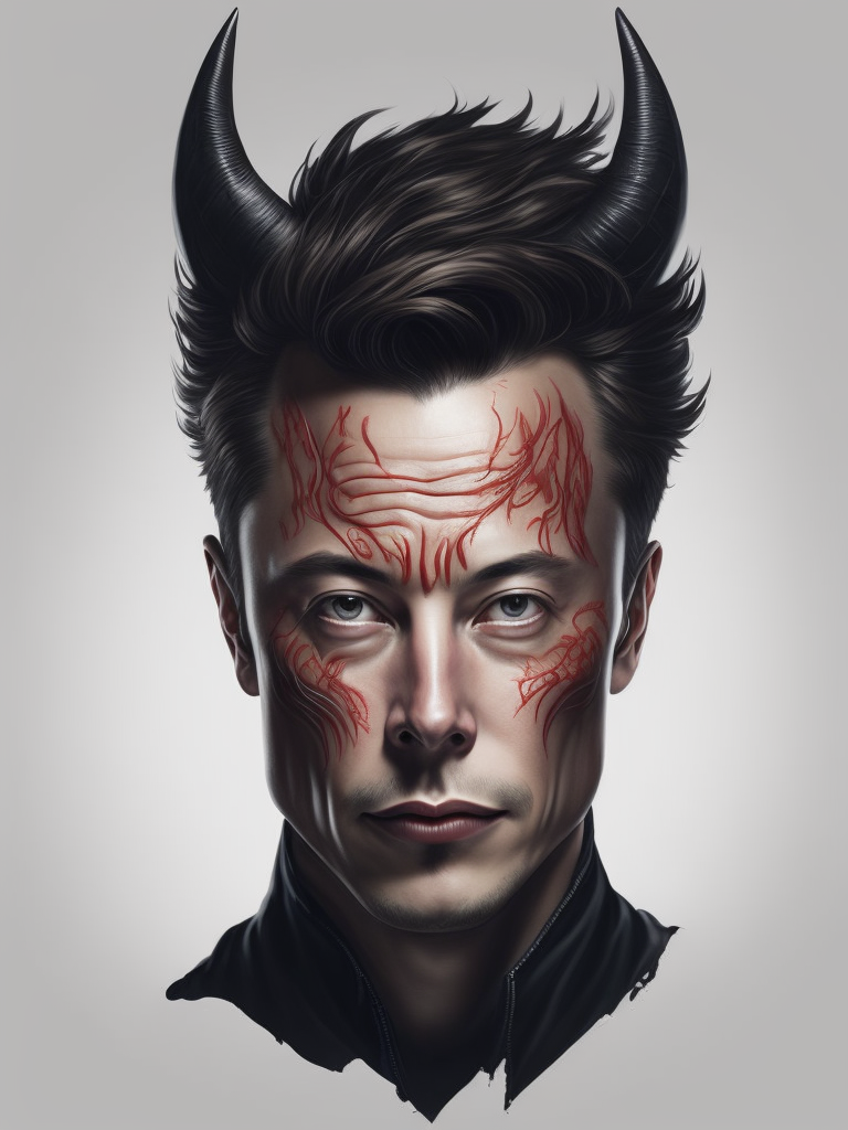 Elon Musk's head dressed as the devil drawn by Alex Gross, isolated artwork on white background