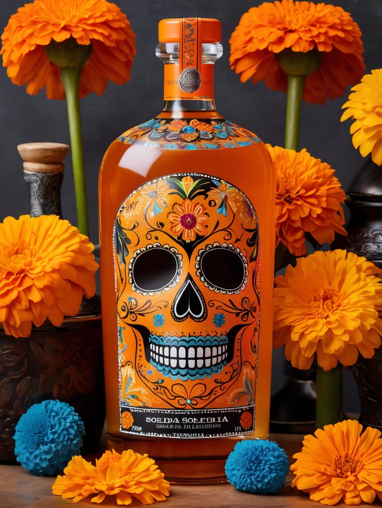 botella de tequila Soledad color naranja edición Día de muertos. Con colores y cempasúchil.