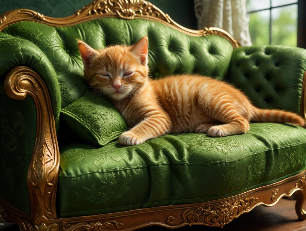Small ginger kitten asleep on a simple full size settee covered in plain green fabric. View whole of settee.