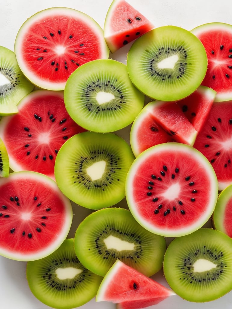 Colorful sliced fruit pieces, top view, watermelon, dragon fruit, kiwi, strawberry