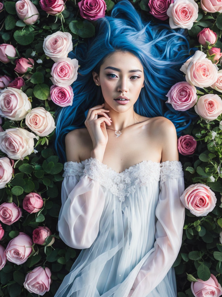 Desktop HD wallpaper: Flower, Rose, Dress, Model, Women, Blue Eyes, Blue Hair, Long Hair, Lying Down free download background picture,Human laying in flowers, top view, cinematic, dark light, beautiful colors, detailled, 4k