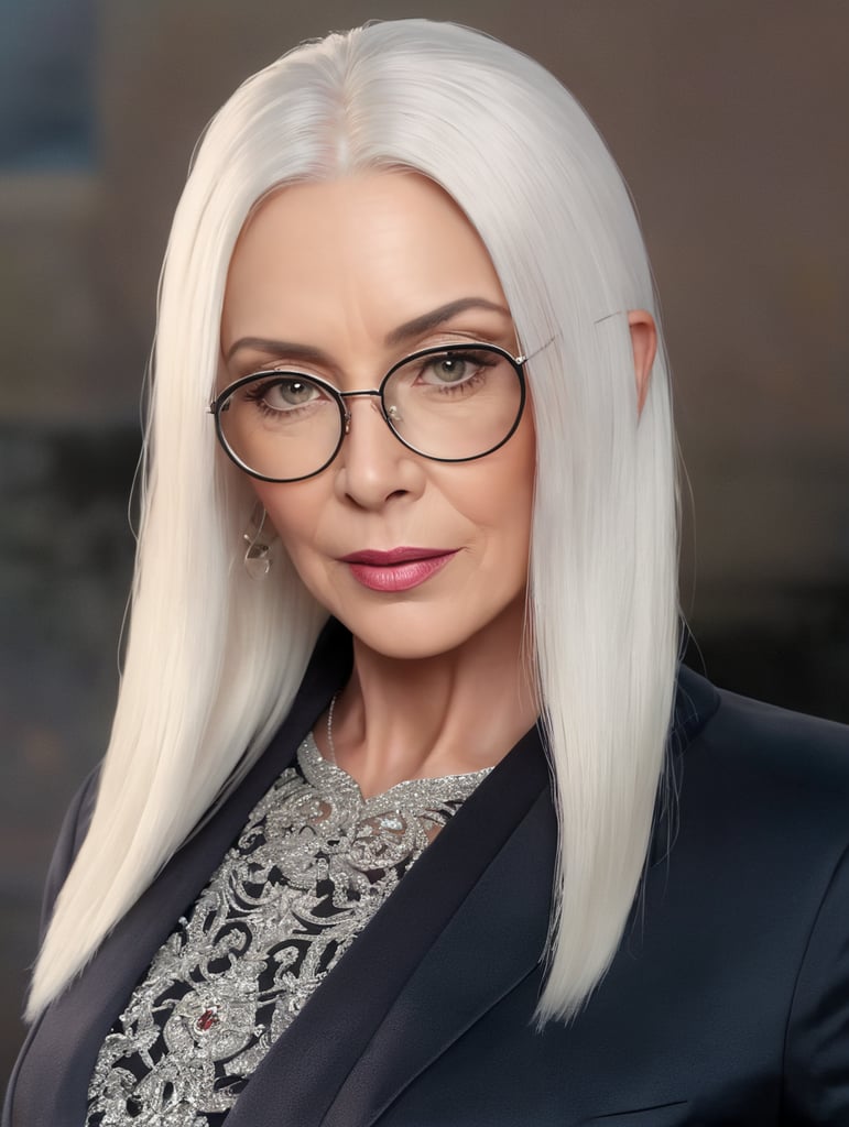 A portrait of a beautiful stylish older woman with white platinum short hair and big glasses, glamorous Hollywood portraits, highly realistic, daz3d, women designers, high resolution, very fashionable, colorful, dress as a young woman, Wes Anderson style