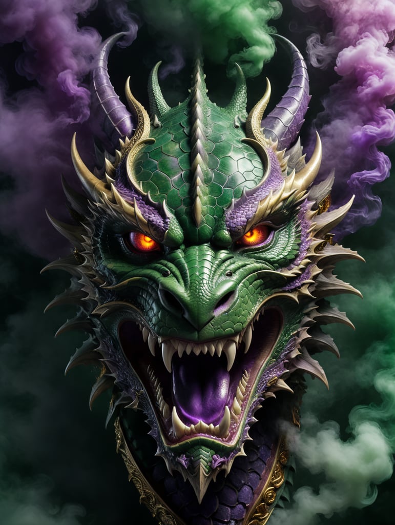 masterpiece, best quality, high resolution, close-up, mystical, dragon head, dark green and purple smoke background, ornate design surrounding the main image