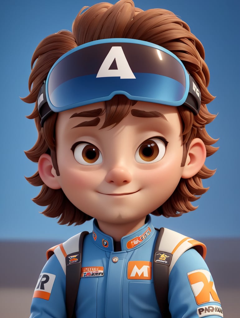 A race car pilot, brown hair, face centered