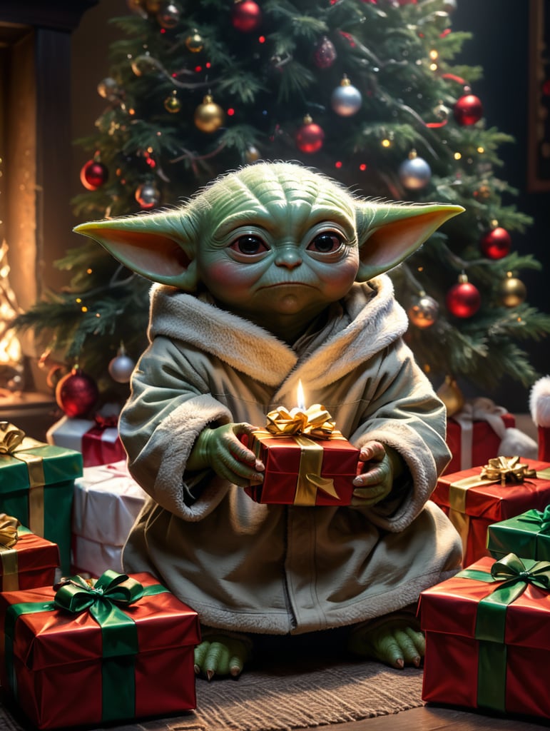 baby yoda at christmas opening presents