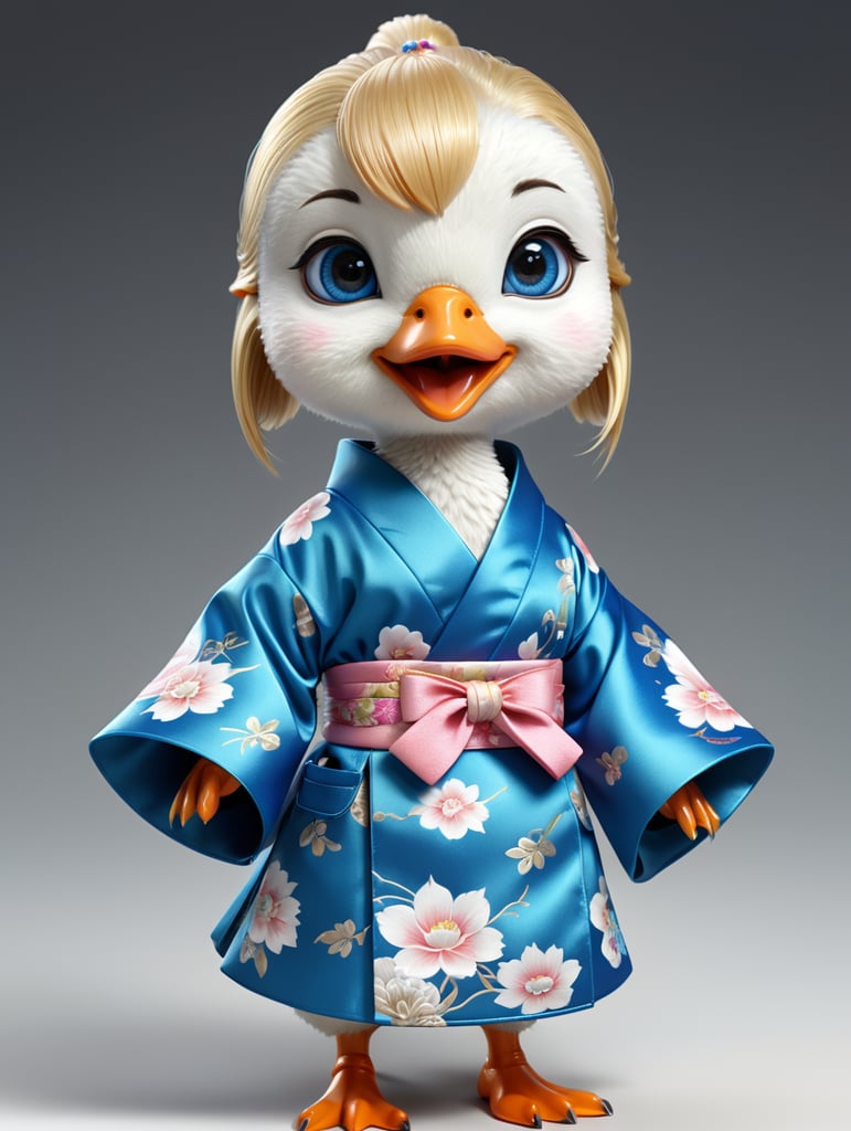 groovy 3D kawaii japanese little cute goose character, young female goose, blue eyes and blond hair, kimono, in dynamic vector graphics style, on clean white background