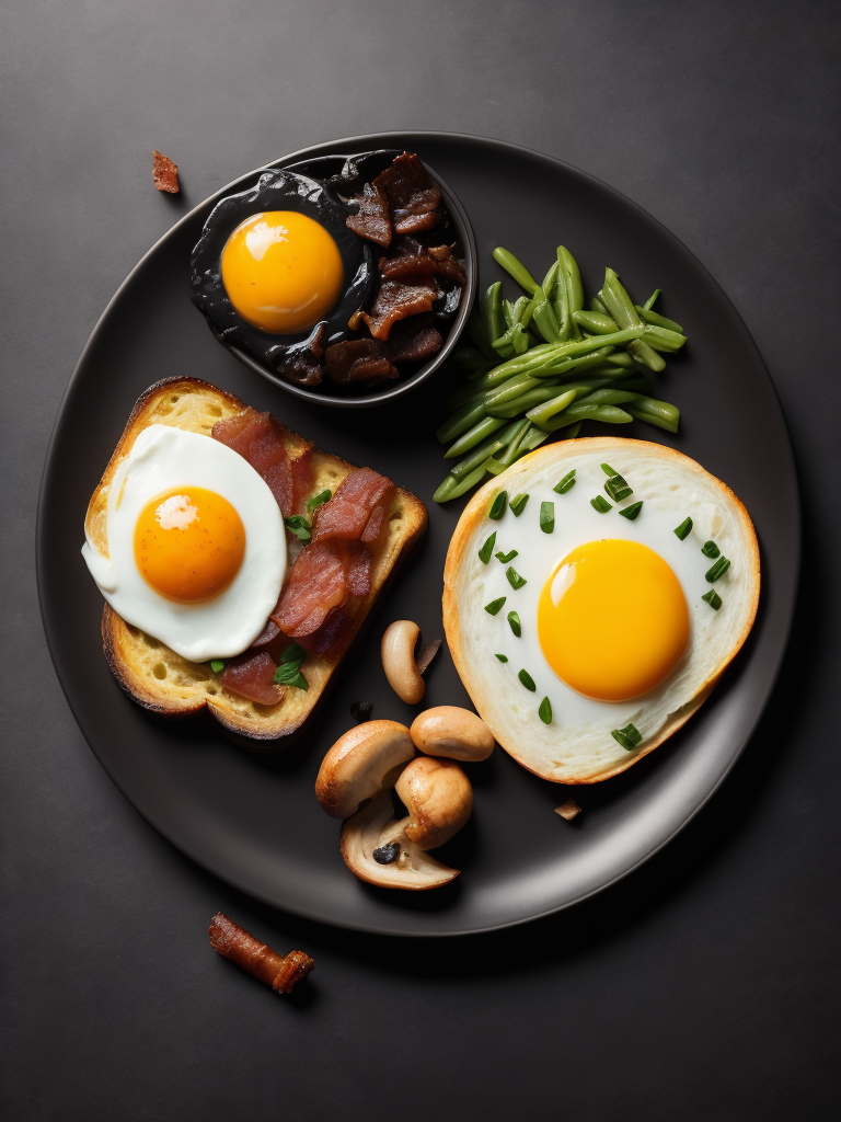a product photo of fried eggs and bacon and hash browns and black pudding and mushrooms and toast, photorealistic, highly detailed, restaurant background, studio lighting, Canon 5D Mark iii, Canon 85mm prime lens