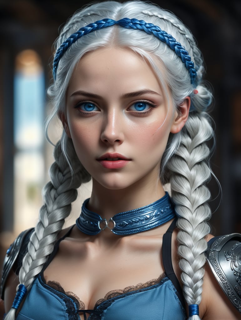 a young woman, white skin, white hair two braids long with a blue headband, curvy body, beautiful blue eyes,