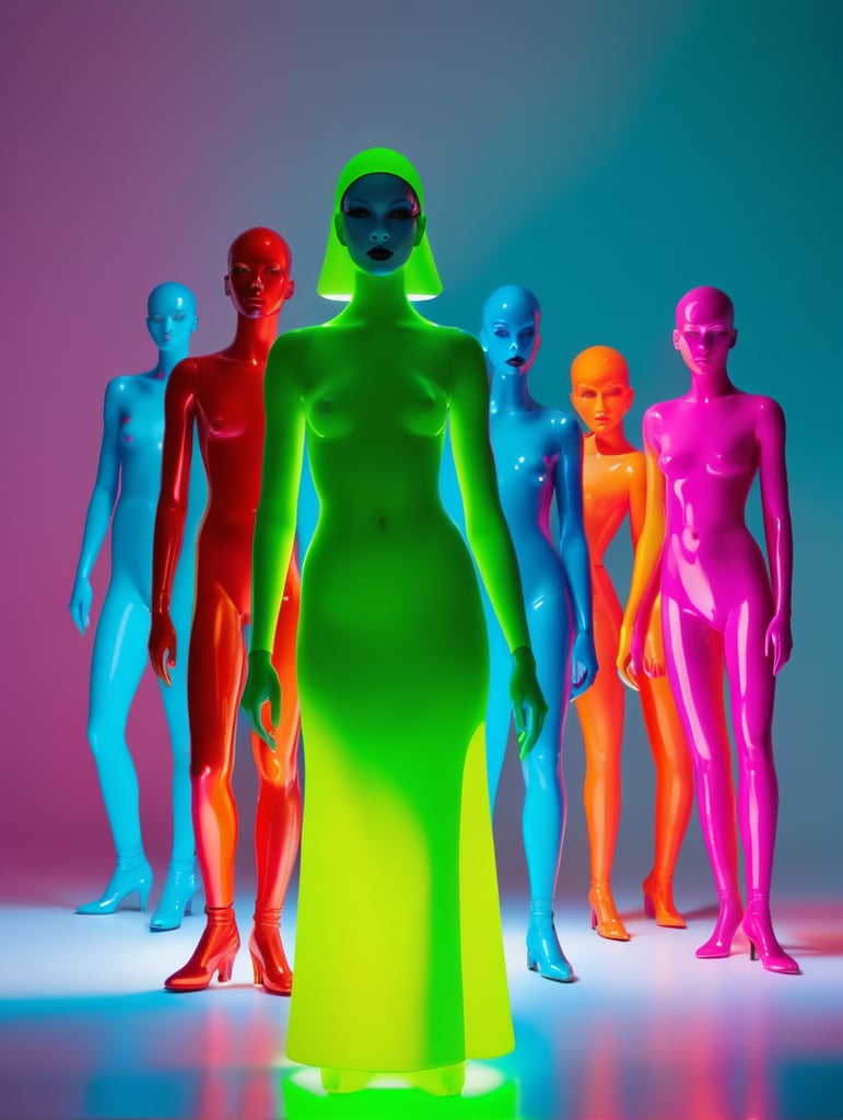 Kheper sacer style in neon colors, by laurie simmons, minimal figures