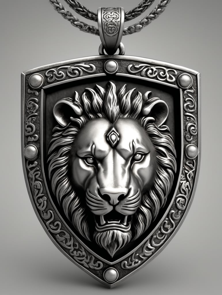 bas relief lion face on a shield-shaped pendant.3d, high-definition. oxidized silver. one color only