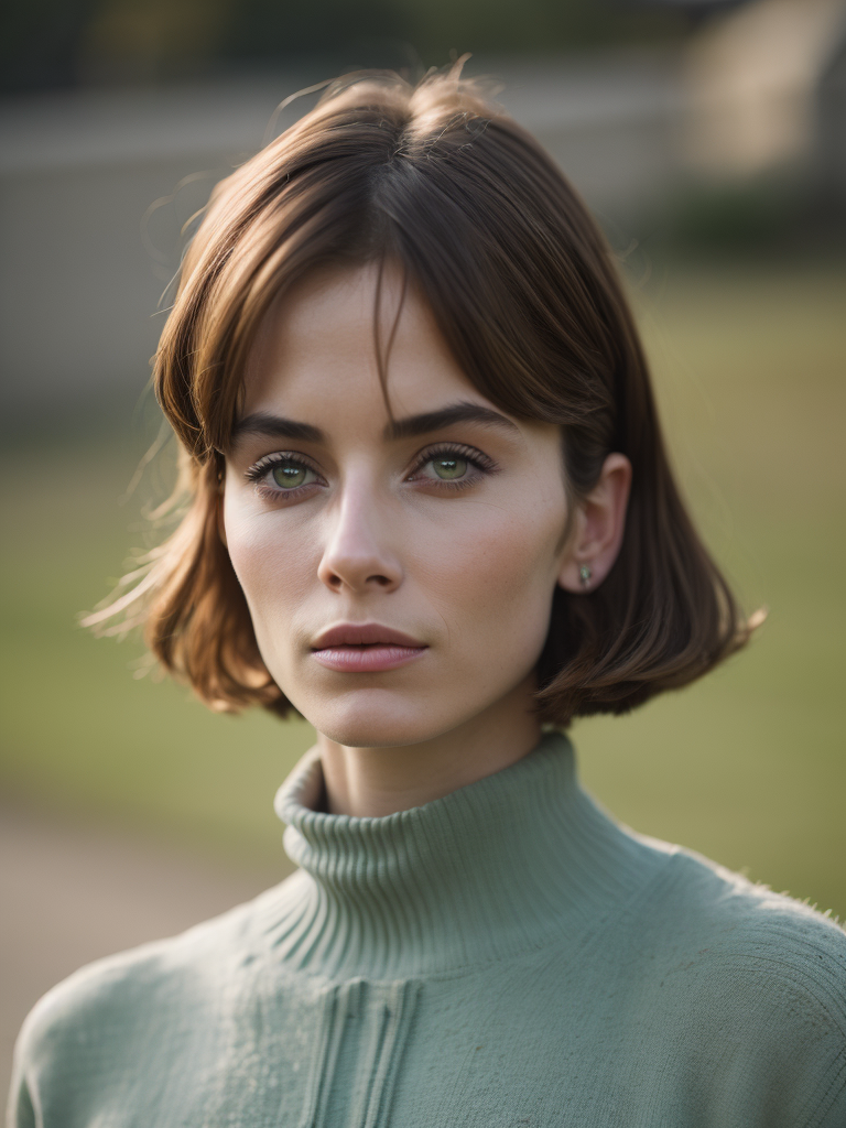 Portrait to the waist of twenty years old girl with green eyes in sweater tight-fitting figure, 1964 year, sixties, 1960's haircut, Britain culture, light and pastel colours, 8k, kodak film colour, 35mm lens, sharp focus