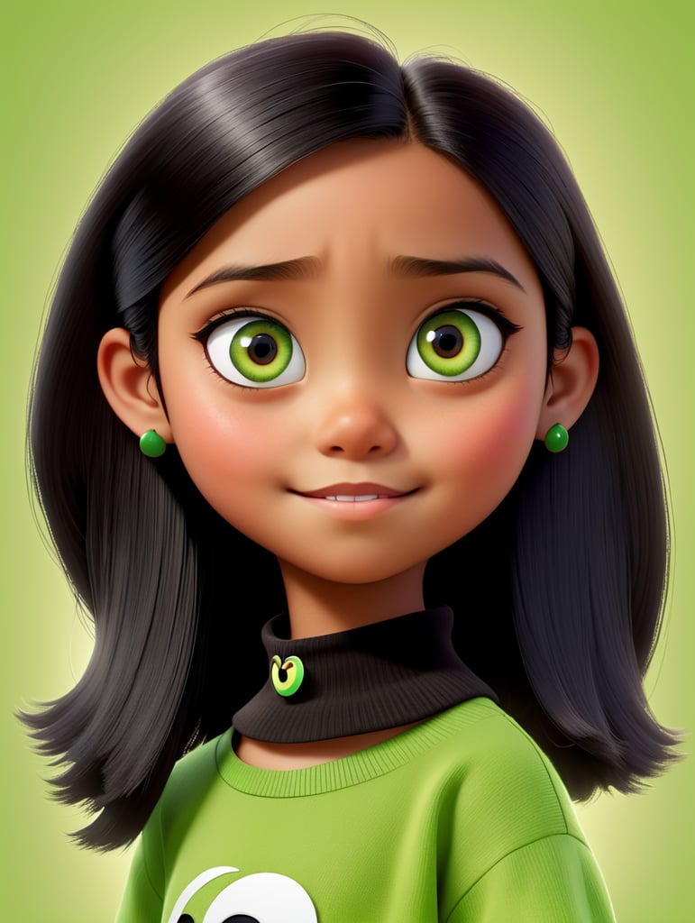 A Disney Pixar-inspired movie poster with title "nik.rdn" , black hair,one eye is green and the other is brown , girl, short hair, 13 years old , bright skin , black clothes