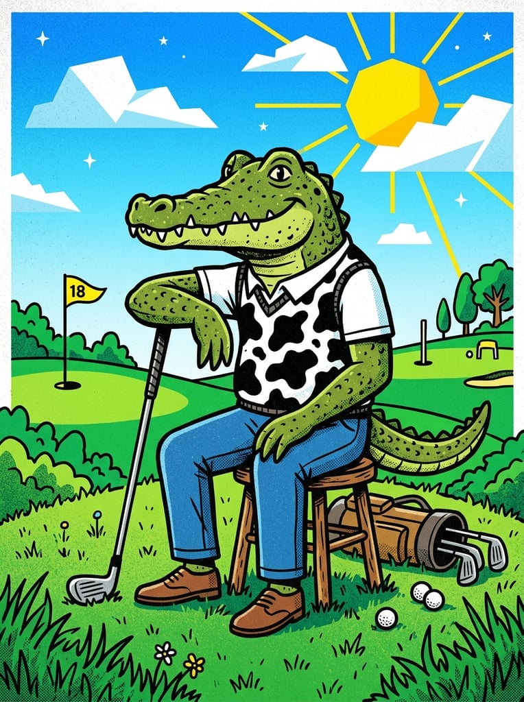 A grainy vector illustration of an anthropomorphic speckled green crocodile in a cow-print vest and blue trousers sitting on a stool, leaning on a golf club. The vibrant pop-art scene includes geometric clouds, a bold yellow sun, stars, and green bushes against a blue gradient sky.