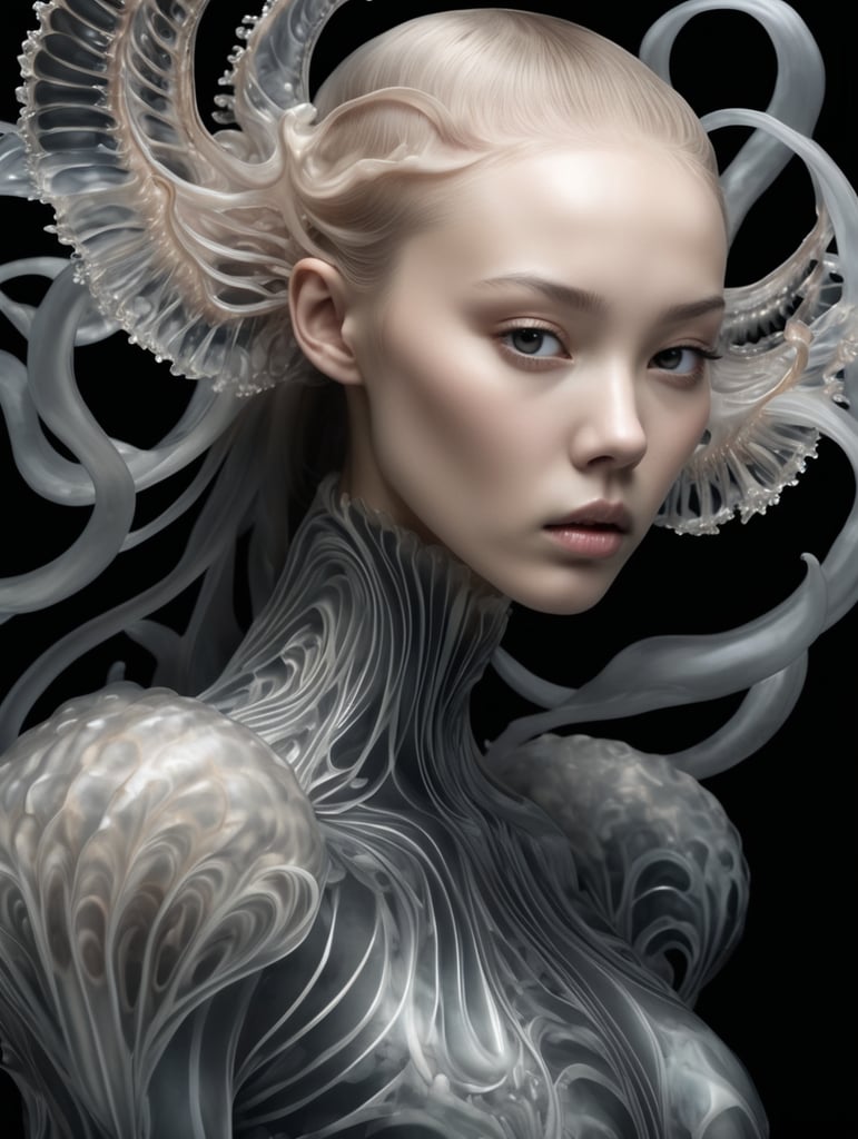 Jellyfish girl, image in the style of Iris van Herpen, black background