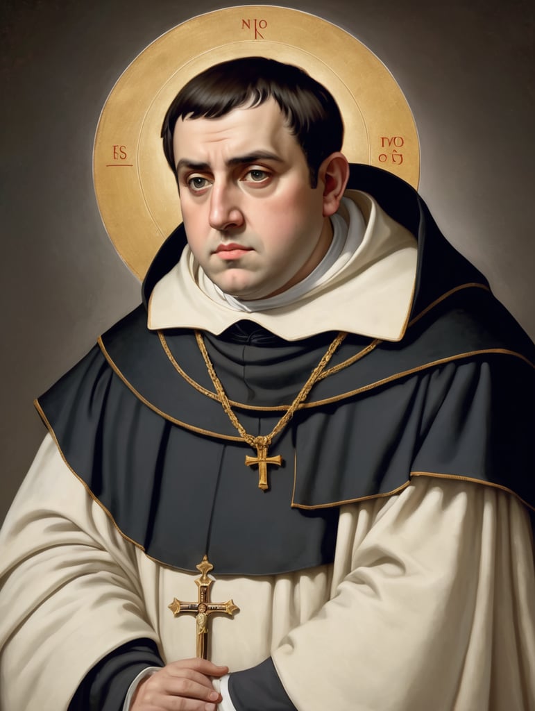 São tomás de aquino. Fundo preto. Tomás tem a expressão tranquila no rosto.