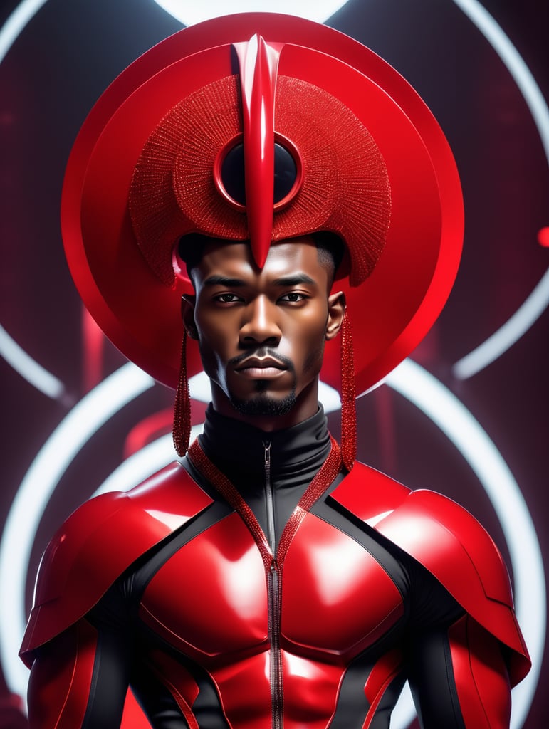 A dark skin black male kpop idol in a all red sleek futuristic outfit, with huge headpiece center piece, clean makeup with oversized red hair, with depth of field, fantastical edgy and regal themed outfit, captured in vivid colors, embodying the essence of fantasy, minimalist