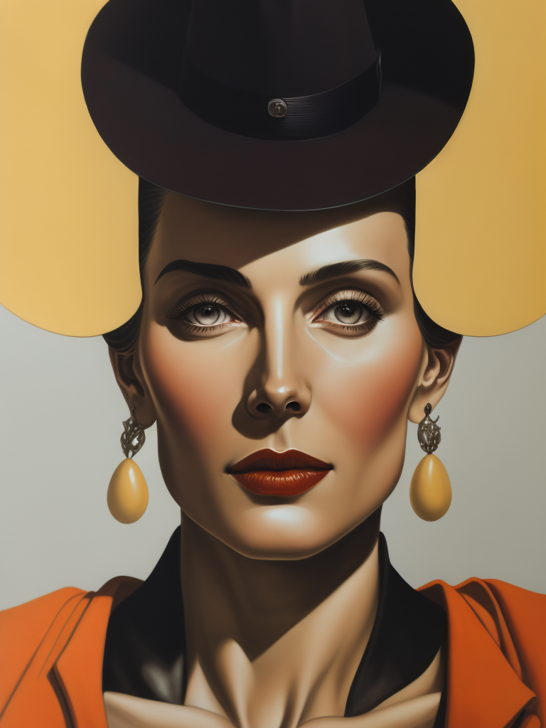 A painting of a very beautiful, middle aged woman in the art deco style of Tamara de Lempicka.