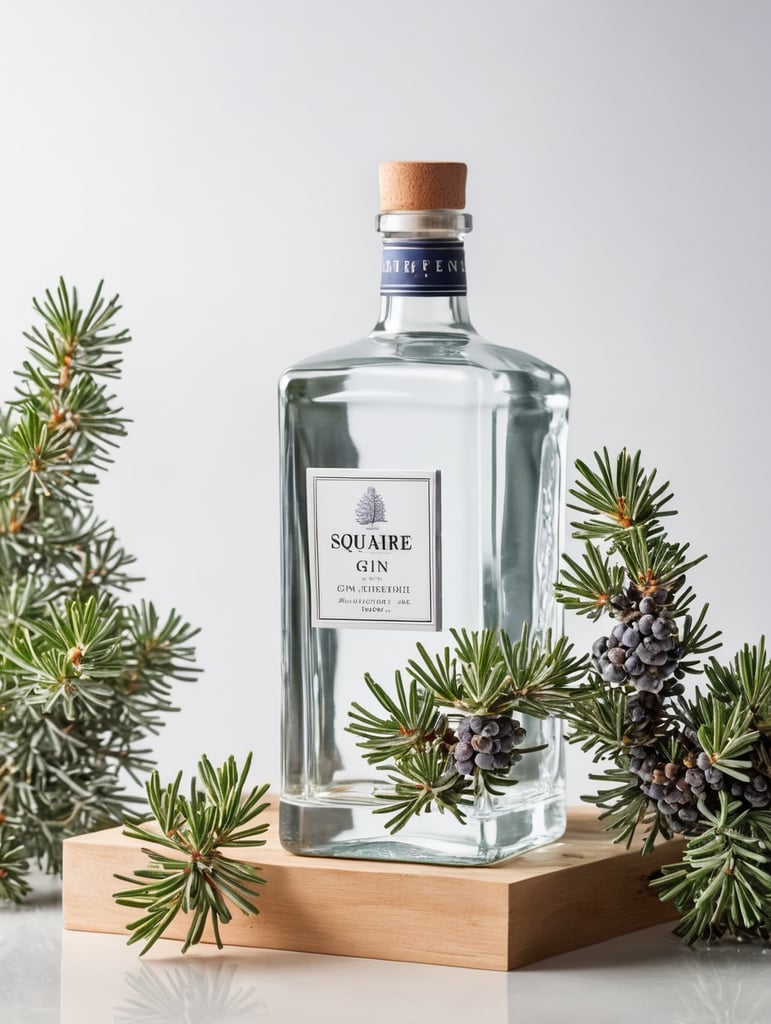 professional photography of a square gin bottle, square bottle, surrounding a juniper and juniper berries, one shot of gin in a front, no label, clear, mockup