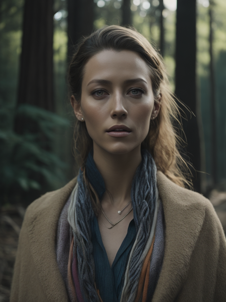 Blake Lively dressed in Native American clothes, realism, photorealism, wearing beautiful regalia, high resolution, forest background, cinematic