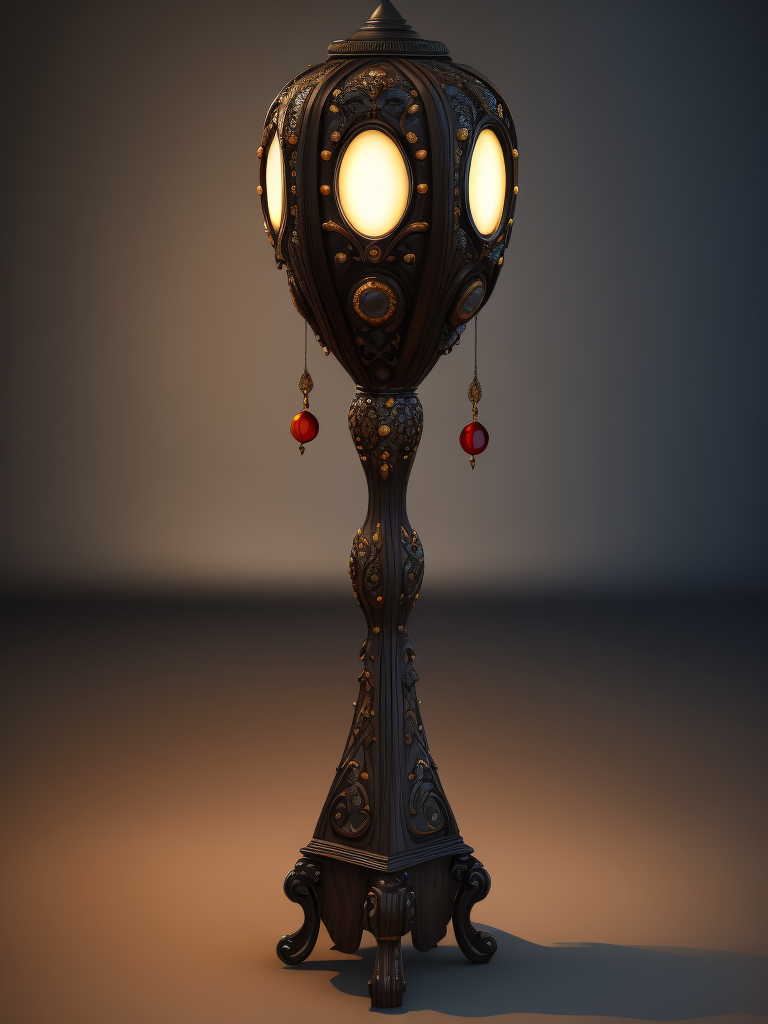 wooden floor lamp, carved black wood, decorated with gems
