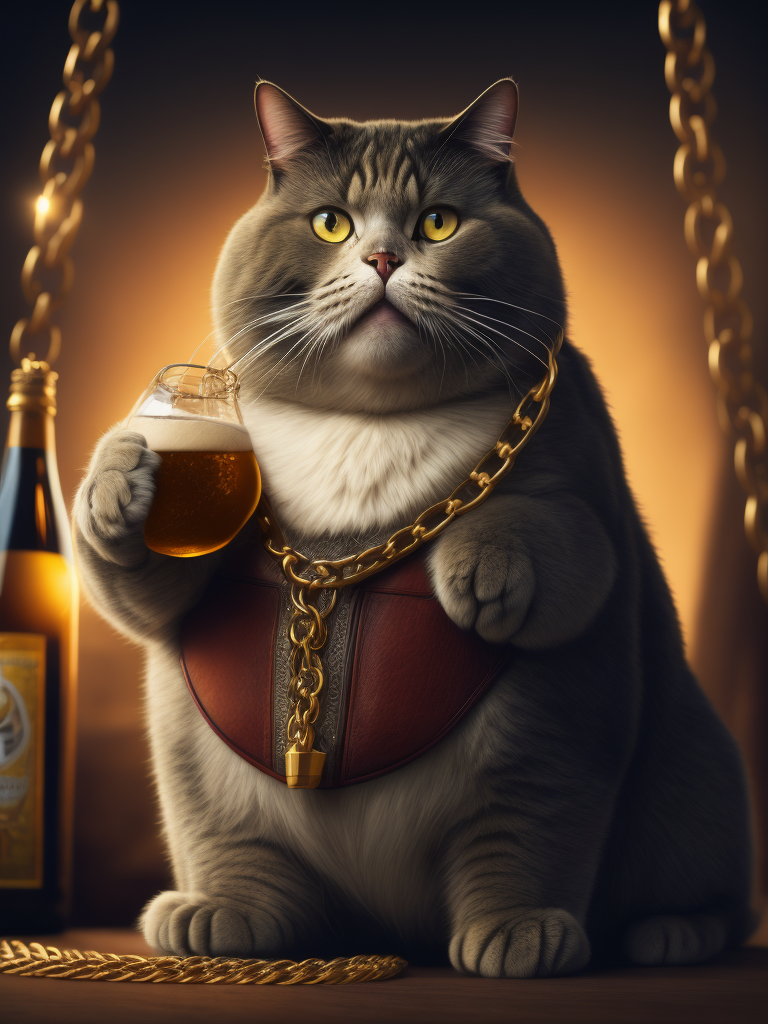 Mem of a funny british fat cat with a golden chain and a bottle of beer in the paw. In the style of colored comics memes