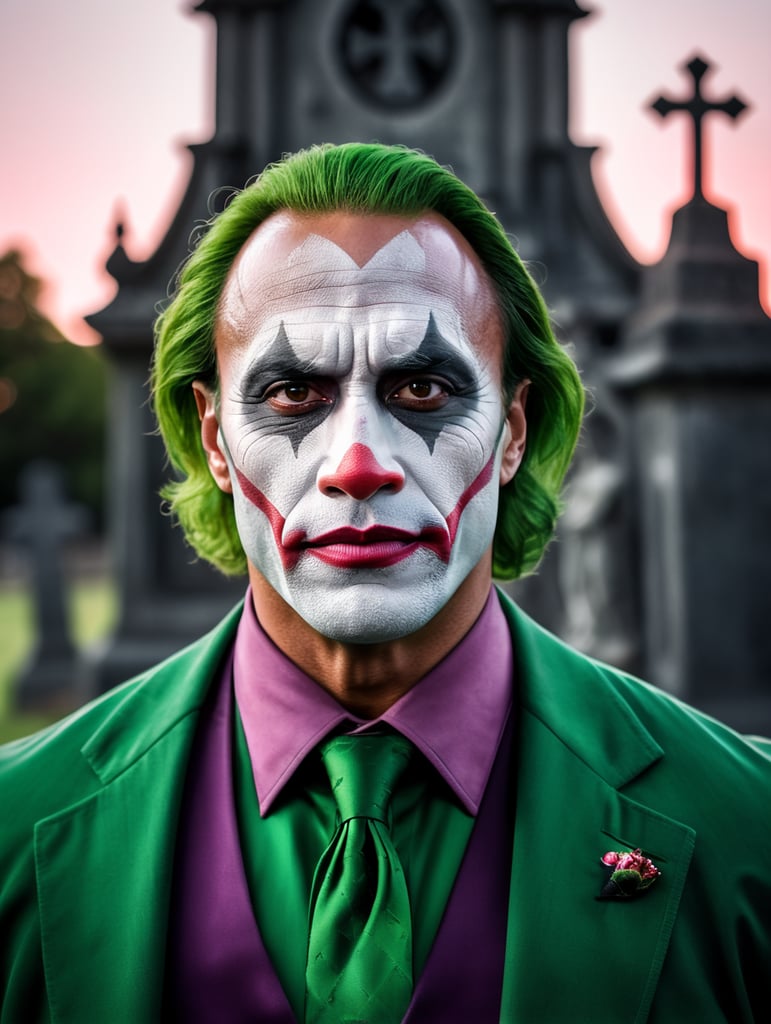 Portrait of Dwayne Johnson in a joker costume for Halloween, scary makeup on his face, dark atmosphere, vintage style, green and pink colors, highly detailed photo, professional photo, against the backdrop of an old creepy cemetery, contrasting light, bright colors