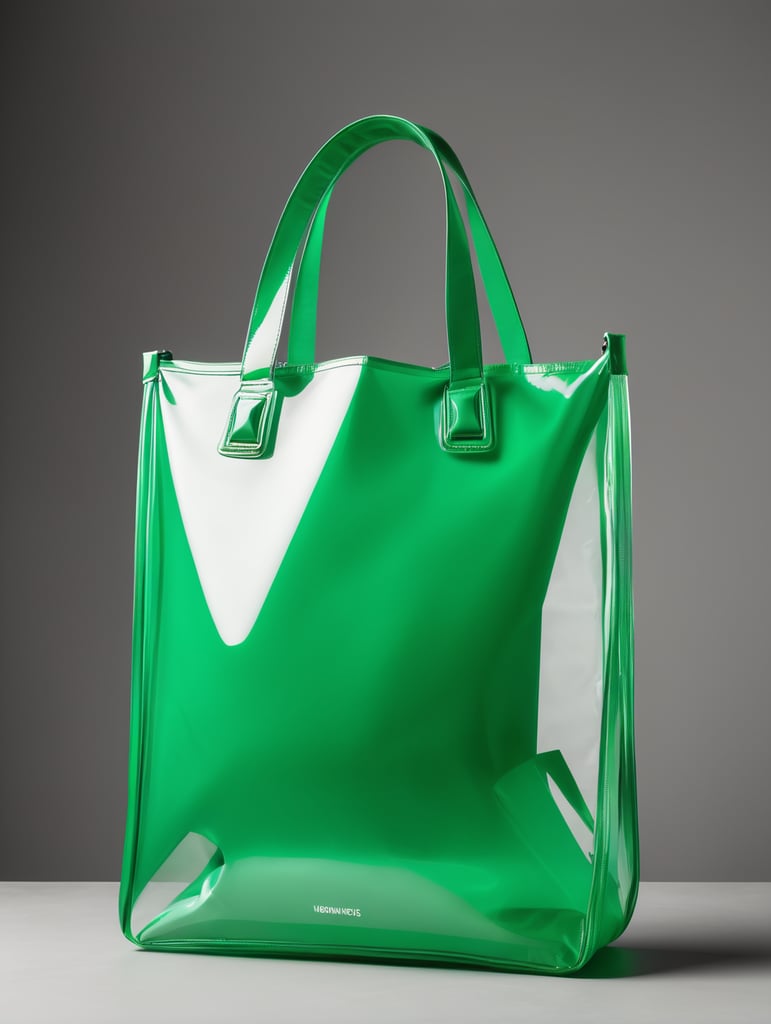 Inflatable vibrant green minimalist women's bag, transparent, isolated, grey background, mockup