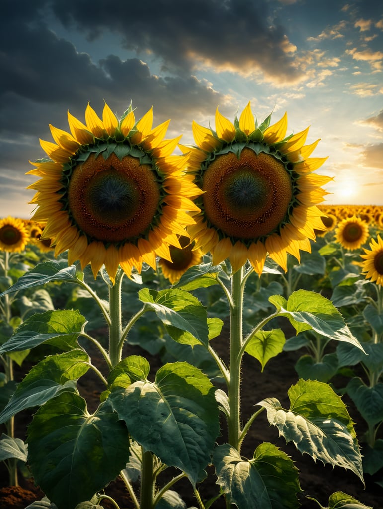 two sunflowers hold each other by the leaves like people by hand. It should be a gentle picture against the background of a field,