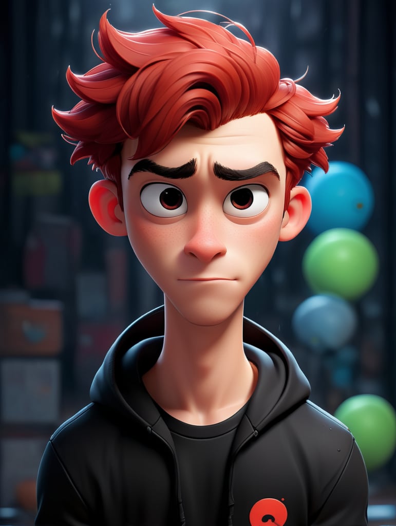 male anime teenager with messy red hair wearing a black hoodie