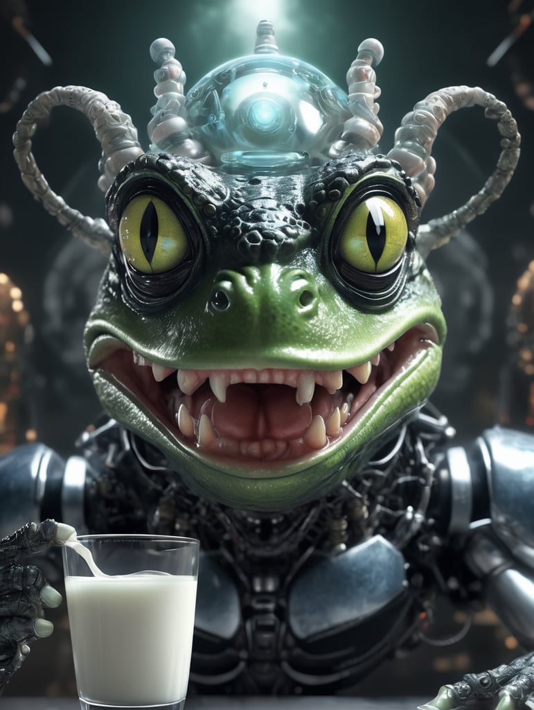 Evil demonic AI god Satanic frog holding a glass of milk above a human brain, super advanced technology, futuristic, hyper digital background, extremely detailed and realistic, ominous and eery.