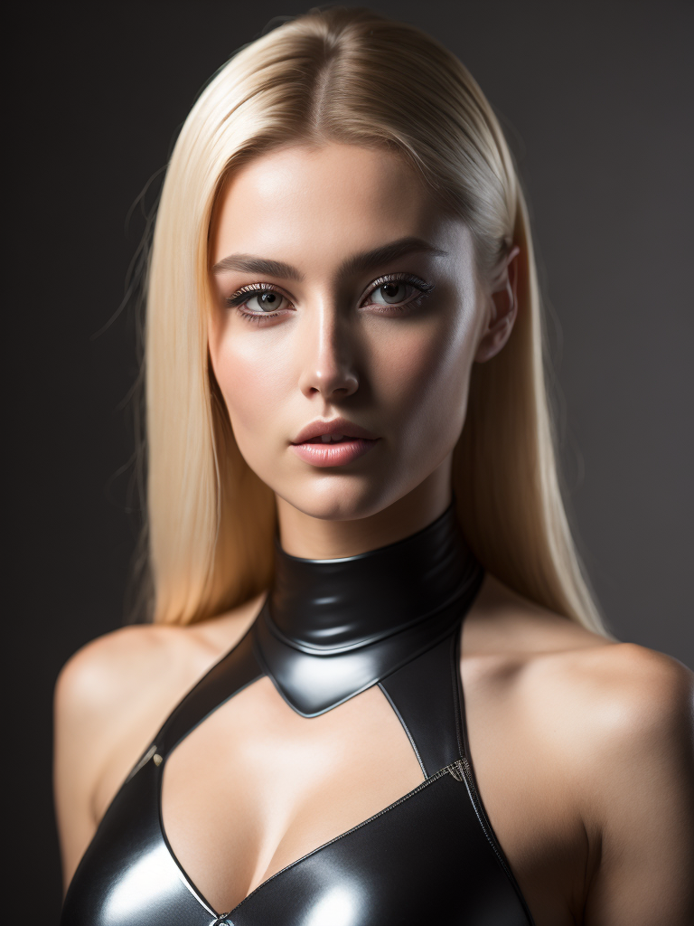 full length hot girl model with perfect big massive chest size E cup wearing latex black bodysuit showing perfect big massive chest, long blonde straight hair, bdsm style, flirty, temptin, 4k