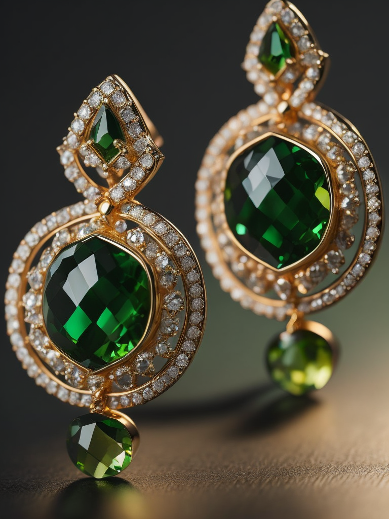 Queen gold jewellery earrings adorned with emeralds, green gradient background, vibrant colors, high detail, contrast light, sharp focus