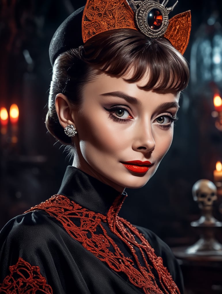 Audrey Hepburn as an evil character in spooky Halloween costume, Vivid saturated colors, Contrast color