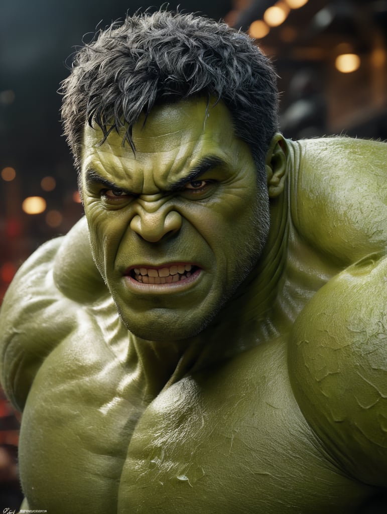 ortrait of Hulk, bright and saturated colors, elegant, highly detailed, vogue, fashion magazine, sharp focus, bright expressive makeup, dramatic lighting, depth of field, incredibly high detailed, blurred background