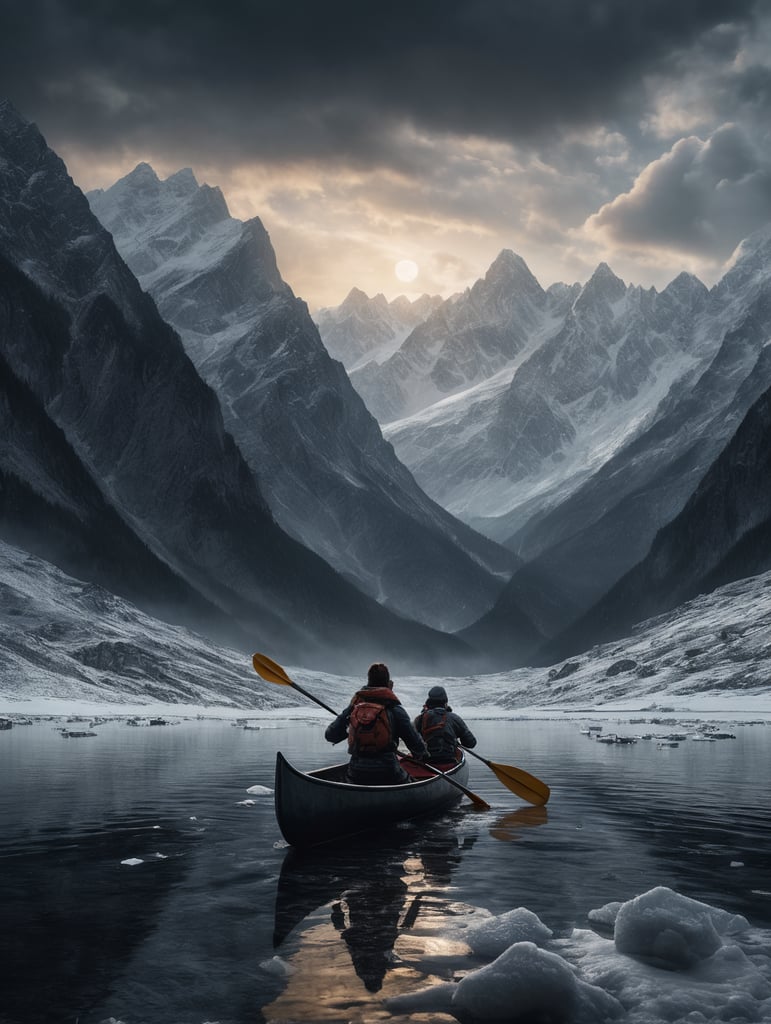 Kvinne i kano som padler kano på snødekt slette mellom høye fjell