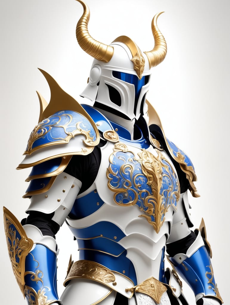 a powerful paladin with engraved blue and gold armor, he wears a helmet with two twisted golden horns, --niji 5, --style expressive, -niji 5, -style expressive