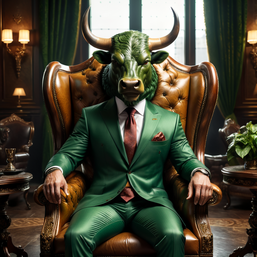 A men wearing green suit and has a bull's head sitting in leather armchairs.