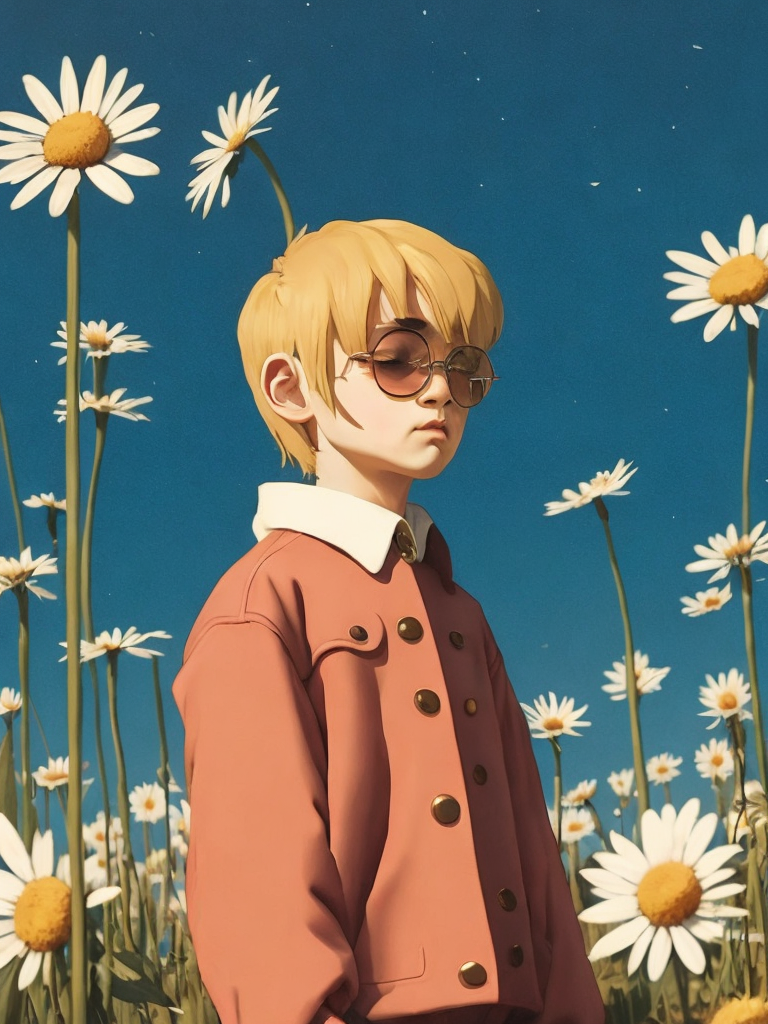 a cartoon boy, in the style of light gold and pink, , studyblr, fanciful costume design, grainy, kawaii, francis davis millet, a stamp with a big field of daisies on it, in the style of lo-fi aesthetics, realistic scenery, realistic blue skies, minimalist landscapes, framing, flickr, y2k aesthetic
