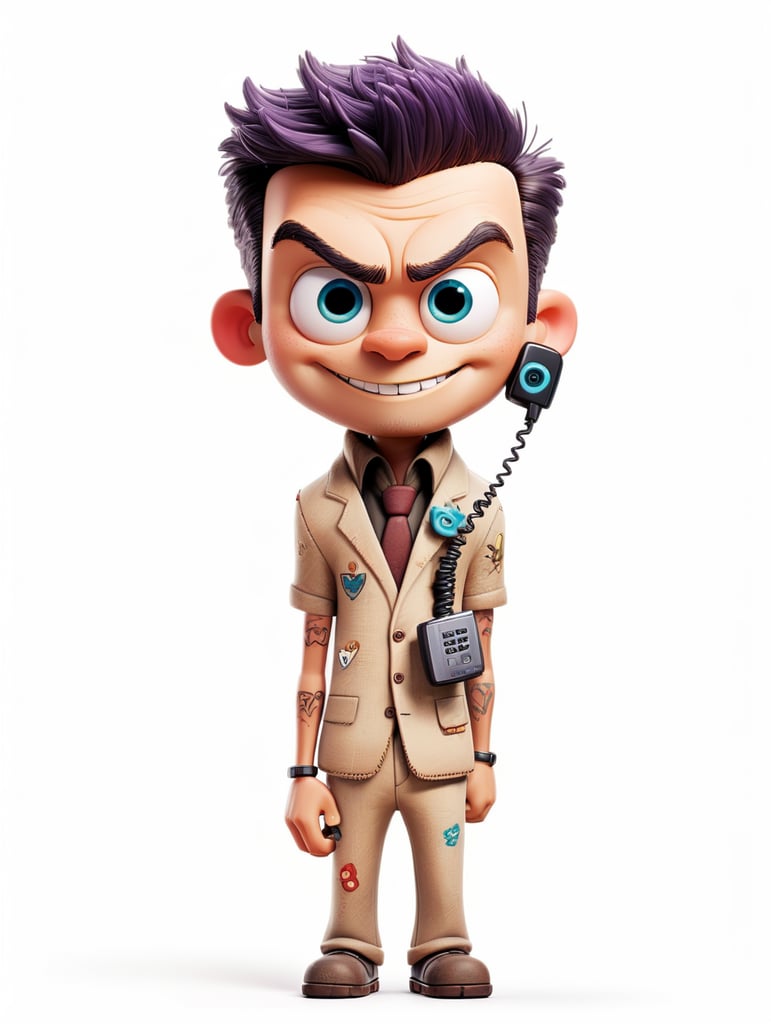 white background voodoo doll basic pins stitched (man) sorrindo com celular na mão