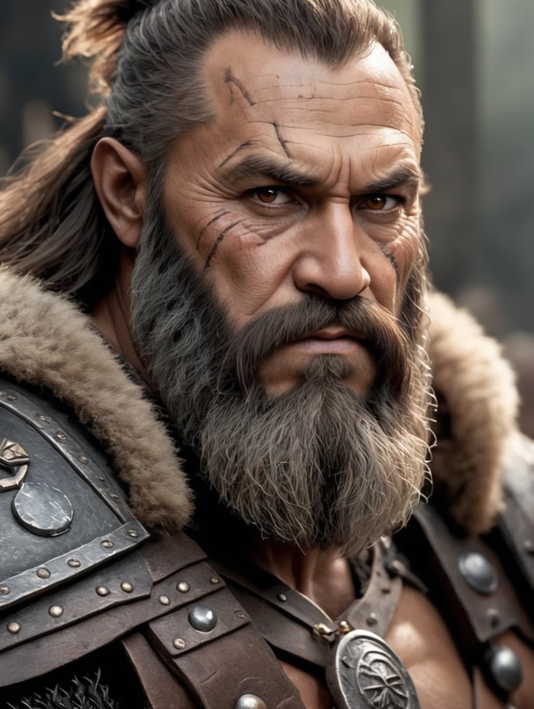 dark fantasy dwarf barbarian, 55 years old, brown hair, long beard, brown eyes, scar under left eye