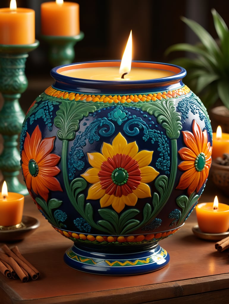 Create an image representing "Isabel's Arte Velas," a candle collection inspired by Mexican art and culture. Picture a candle displayed in a hand-painted vessel resembling Talavera pottery, adorned with intricate patterns in cobalt blues, saffron yellows, and emerald greens. The vessel exudes the warmth of sunlit terracotta, capturing the essence of ancient tales and the vibrant hues of Mexican heritage. Visualize a candle emitting a soft, flickering glow, set against a backdrop evoking the richness of Mexican artistry. Surrounding the candle are motifs reminiscent of Huichol beadwork, weaving a tapestry of cultural fusion. Imagine a garden of scents, with rose-scented candles mingling with the aroma of celestial cinnamon, infusing the air with a captivating symphony of fragrance. Capture the elegance and luxury of Isabel's Arte Velas, where tradition meets innovation. The image should convey a harmonious blend of Mexican influence and sophisticated artistry, paying homage to the legacy of a grandmother and