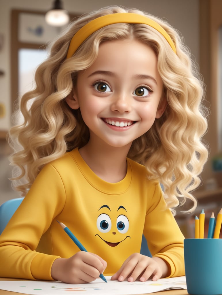 young girl doing creative work sitting,creative and kind-hearted personality with long curly blonde hair, big eyes, small nose and smiling mouth, in 3D style, wearing yellow clothes, rendered using beautiful Disney animation, Pixar style, Disney style, 3D -style,sitting in full height, poster, at the table