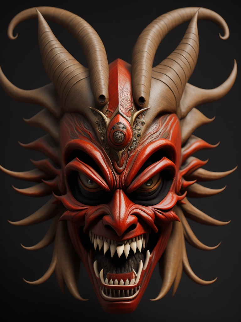 wooden red japanese demon mask with fangs and horns, black background, aggressive, Depth of field, Incredibly high detail