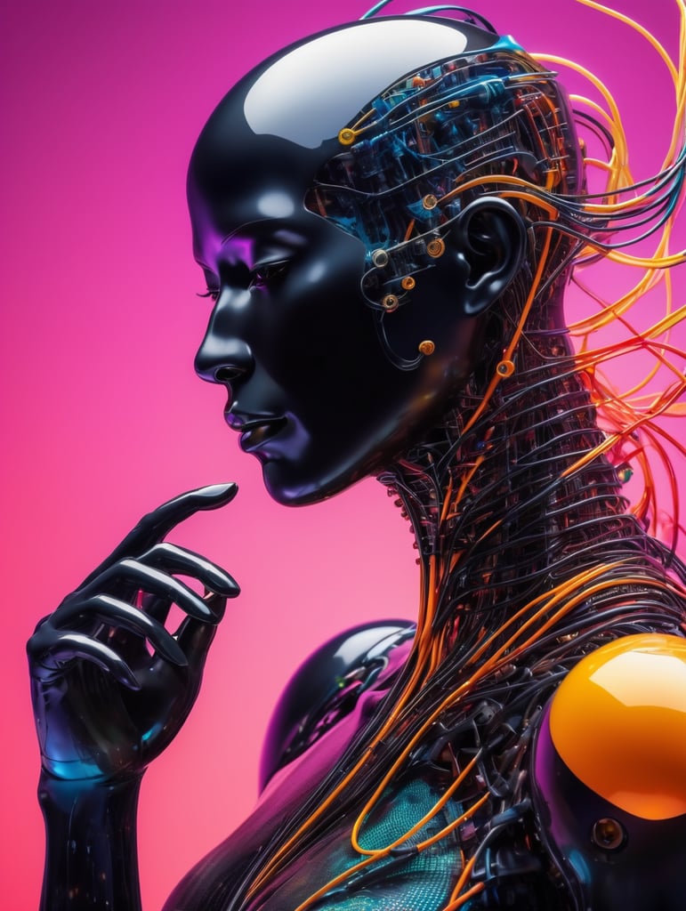 iseneld + abstract biomechanic humanoid dynamic pose portrait made of matte transparent rubber, smooth carbon fibre skin, circuits and sinuous wires, liquid shapes + vibrant color palette, biomorphic, minimalism, surrealism, dither + art station, perfect hands