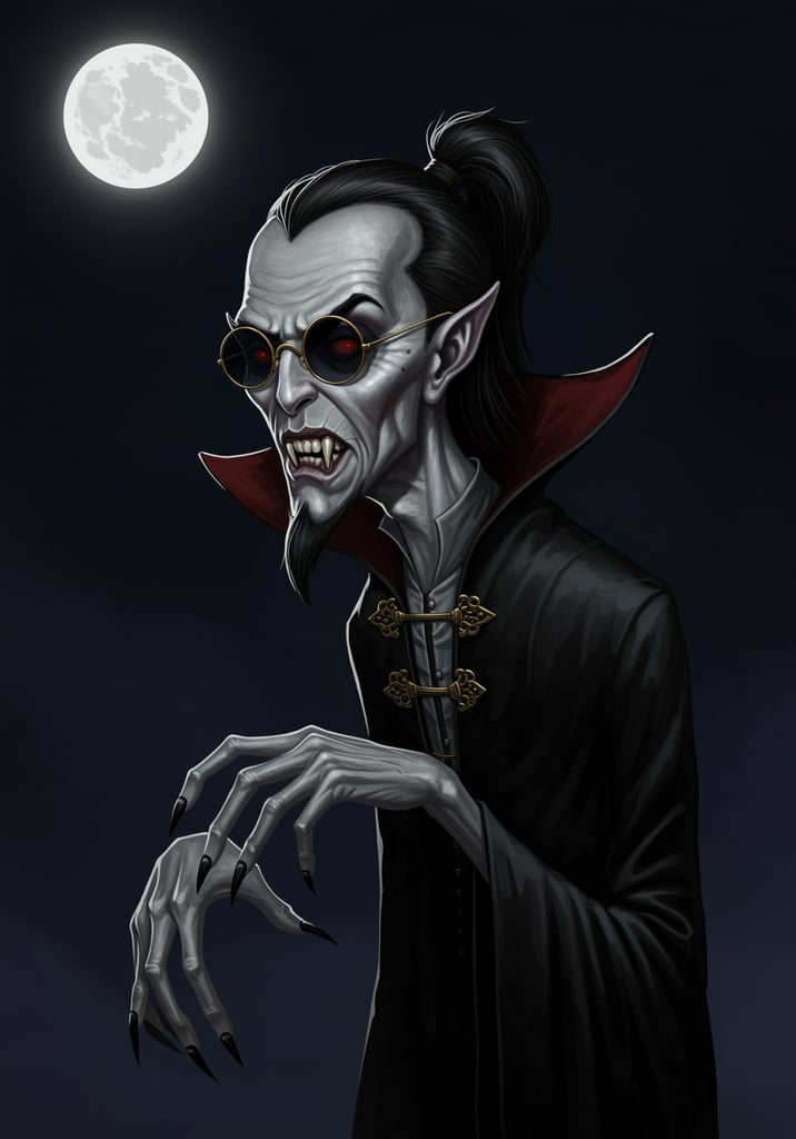 A thin, pale vampire with gray skin, a long pointy black goatee and a black ponytail, wearing round sunglasses at night.