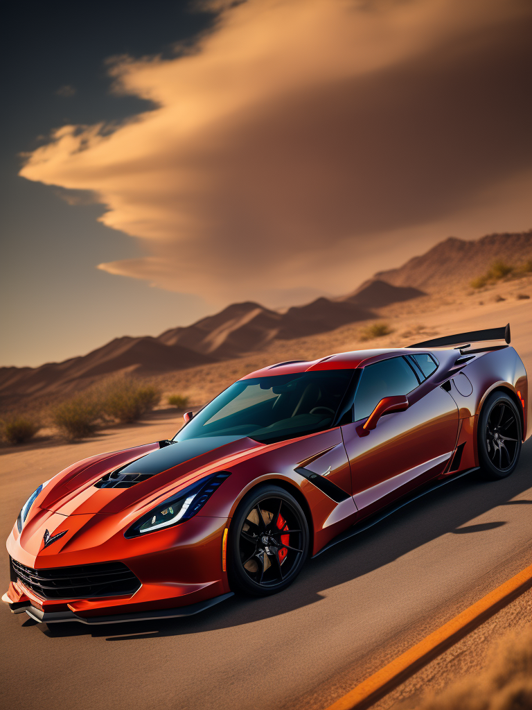 red corvette stingray in the hot dessert. Low angle, photorealistic, highly detailed