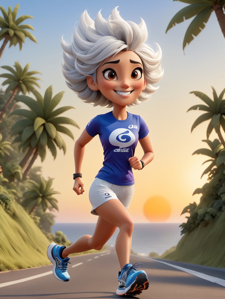 Disney pixart lady. She’s running at the sunrise on a road near the sea. She’s wearing ASICS shoes, tshirt ASICS brand and tight ASICS. She’s happy. She has long legs, short hair, black and white hair. The shoes are asics brand. The tshirt is black. Brown eyes