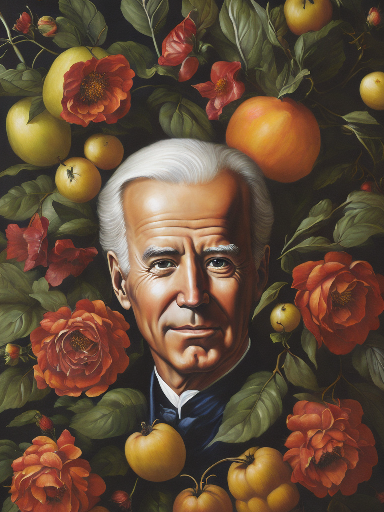 a painting of Joe Biden head surrounded by flowers and fruit, Painting, Oil, Still Life, Botanical, Italy, style of Giuseppe Arcimboldo